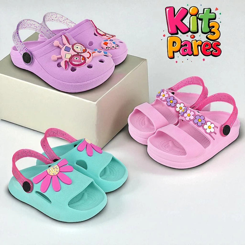 Kit 3 Pares Sandália Papete Infantil Menina Confortável